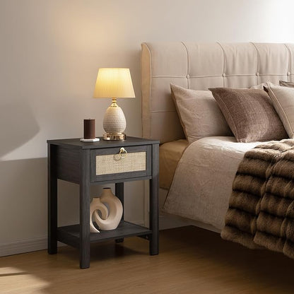 SICOTAS Rattan Nightstand Set of 2, Rattan Decor Drawer with Brass Knobs Night Stand Bedside Table Boho End Tables Side Tables with Storage Shelf for Bedroom,Small Space