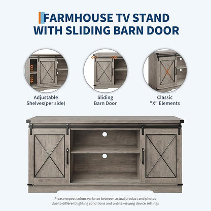 CABIHOME Farmhouse TV Stand and Entertainment Center for TV Up to 65 Inches with Sliding Barn Doors and Adjustable Shelf, TV Media Storage Console Table and Furniture for Living Room, Bedroom, Grey