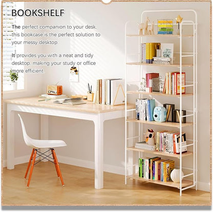 4NM No Assembly Folding Bookshelf 6 Tiers Vintage Industrial White Book Shelf Metal Foldable Storage Bookcase and Bookshelves for Living Room,Bedroom and Kitchen - Natural