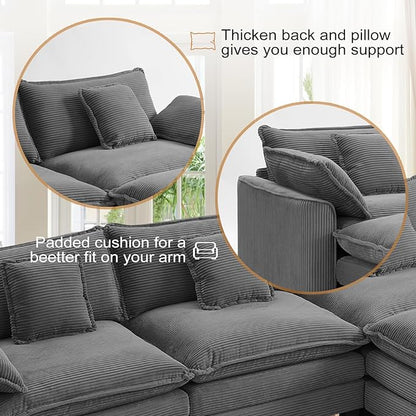 Furniliving Oversized Accent Chair with Ottoman, Luxury Corduroy Single Sofa, Upholstered Deep Seat Chaise Lounge with Pillows for Living Room, Bedroom, Apartment, Grey