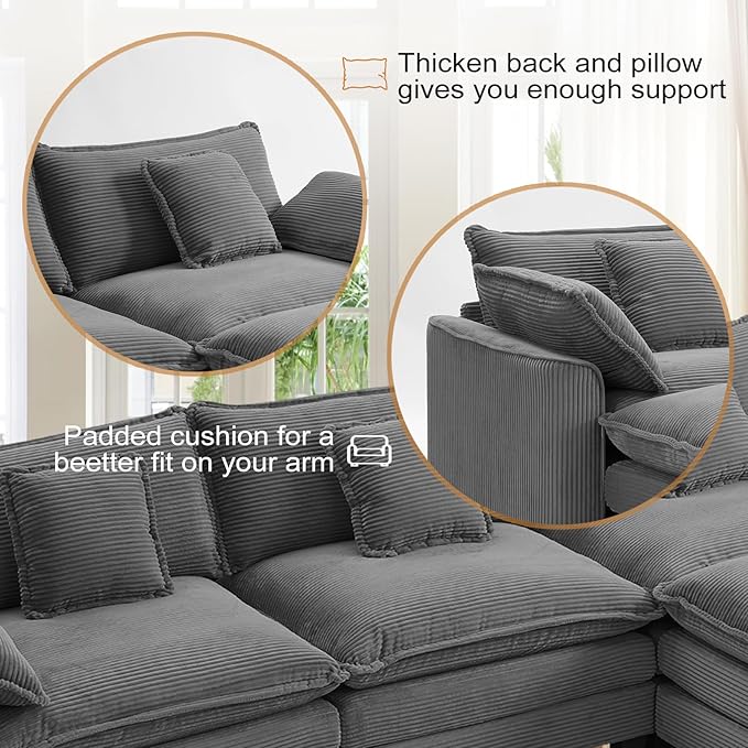 Furniliving 117‘’ L-Shaped Sofa, Luxury Corduroy Modular Sectional Couches with Ottoman, Upholstered Deep Seat Sleeper Sofa with Memory Foam and Waist Pillows, Grey