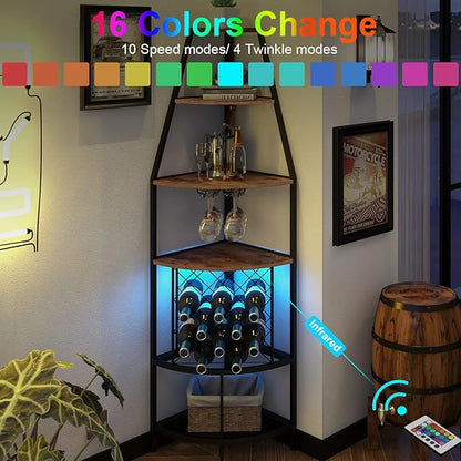 5-Tier Corner Wine Rack with LED Light Floor Standing Wine Rack with Glass Holder and Bottles Wine Storage Home Bar Furniture for Kitchen Living Dining Room (Rustic Brown)