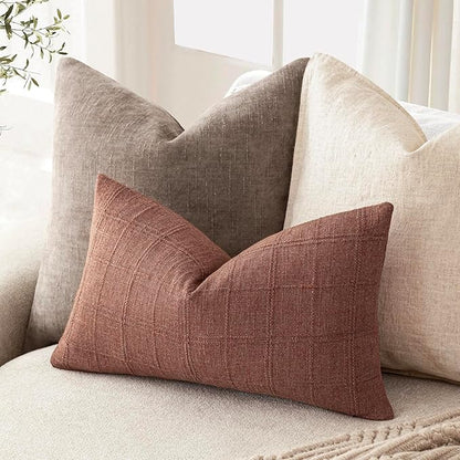 Foindtower Set of 2 Decorative Linen Check Throw Pillow Covers Neutral Farmhouse Lumbar Cushion Covers Modern Boho Home Decor for Sofa Chair Couch Bedroom Living Room Outdoor,12×20 Inch,Autumnal Red