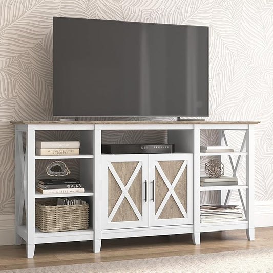 Bush Furniture Key West Tall TV Stand for 65 Inch TV in Pure White and Shiplap Gray, Farmhouse Entertainment Center with Storage