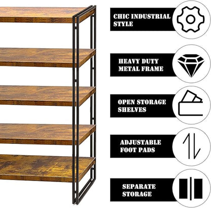47" 5-Tier Bookshelf Rustic Wood and Metal Industrial Bookshelf for Home Office, Bedroom, Kitchen, Bathroom (Rustic Brown, 5-Tier)