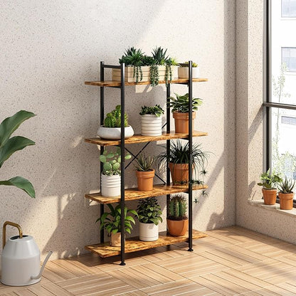 4 Tiers Bookshelf Rustic Brown Wooden Storage Shelf, Industrial Shelf Book Organizer,Modern Open Display Storage Bookcase,Metal Bookshelf Standing Tall Shelving Units for Home Office Study.