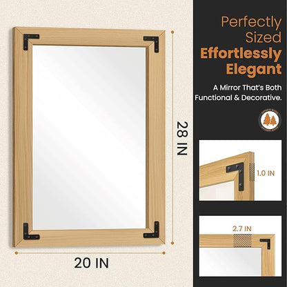 Bathroom Mirror for Wall with Wooden Frame, 20"x28" Solid Wood Vanity Mirror for Farmhouse, Bathroom, Bedroom, Vertical or Horizontal Hanging(Natural)