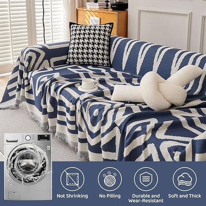 STACYPIK Boho Chenille Couch Cover, Blue Jacquard Sofa Cover for 3 Cushion Couch, Reversible Furniture Protector, Anti Slip Geometric Couch Covers for Sectional, Loveseat Cover Pet-Friendly-71X134IN