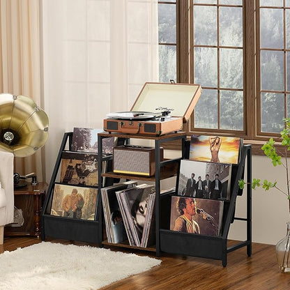 LELELINKY Record Player Stand with Vinyl Storage, 3 Tier Turntable Stand with Display Shelf Storage Up to 180 Albums,Brown End Table Records Cabinet for Media Stereo Speaker, Amplifiers, Magazines