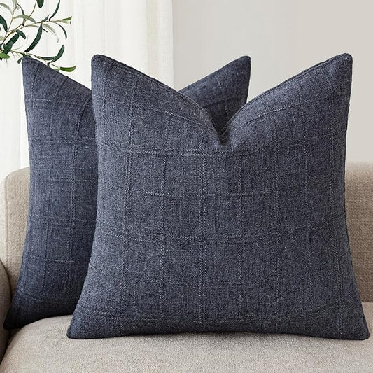Foindtower Set of 2 Decorative Linen Check Throw Pillow Covers Neutral Farmhouse Vintage Cushion Covers Modern Boho Home Decor for Sofa Chair Couch Bedroom Living Room Outdoor,26×26 Inch,Navy Blue