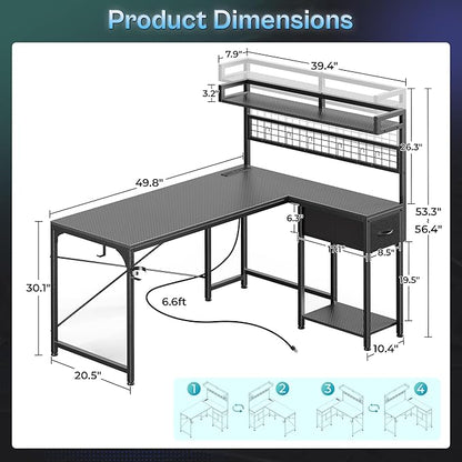 PRAISUN L Shaped Gaming Desk with Shelves, Corner Computer Table with LED Lights, Power Outlets and USB-C Ports, 50 Inch Home Office Desk with Storage Drawer, for Work and Study, Carbon Fiber Black