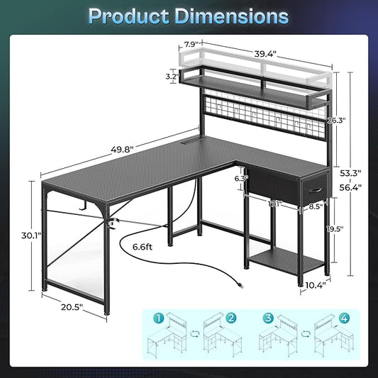 PRAISUN L Shaped Gaming Desk with Shelves, Corner Computer Table with LED Lights, Power Outlets and USB-C Ports, 50 Inch Home Office Desk with Storage Drawer, for Work and Study, Carbon Fiber Black
