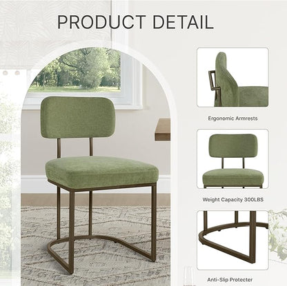 Dining Chairs Set of 6, Upholstered Modern Kitchen Chairs with Ergonomic Backrest, Fabric Cushion Seat & Metal Legs for Living Room, Restaurant, and Café, Green, 2Boxs