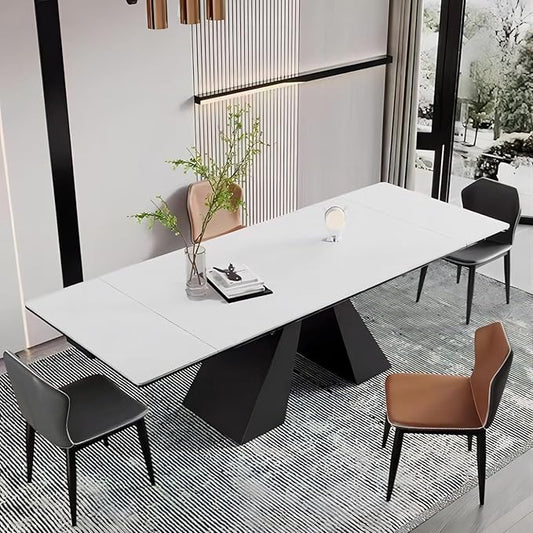 Extendable Dining Table for 8-12 Seat, Flexible Stretch, Tabletop Made from Rock Plate and Tempered Glass, Solid Carbon Steel Base, 35.4" D x 94.5" W x 30" H, White Top