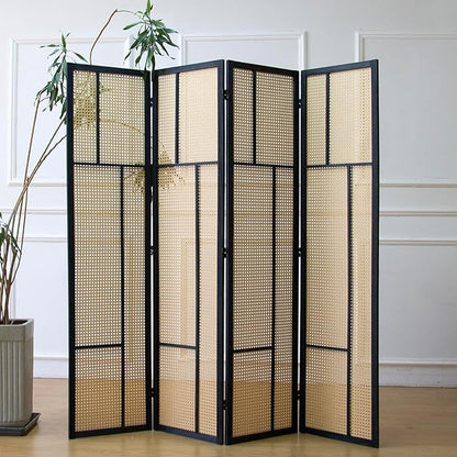 4 Panel Room Divider Screen and Folding Panel Screen,Double Sided Rattan Divider for Room Separation,Brown,67" H x 63" W