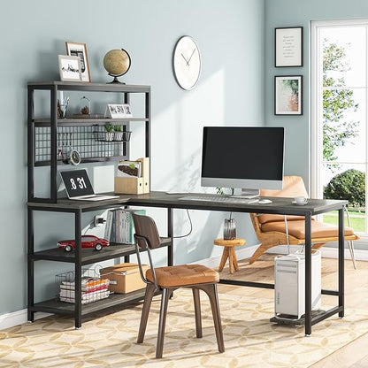 Tribesigns 55" Large Computer Desk with Wireless Charging 5 Storage Shelves, Office Desk Study Table Writing Desk Workstation with Hutch Bookshelf for Home Office(Gray)