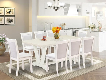 East West Furniture V027MZ001-9 9 Piece Modern Dining Table Set Includes a Rectangle Wooden Table with V-Legs and 8 Cream Linen Fabric Parsons Dining Chairs, 40x72 Inch, Multi-Color