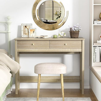 Fluted Writing Desk with Drawers, Makeup Vanity Desk for Bedroom, 40 Inch Home Office Computer Desk with Storage Drawers, Small Console Table