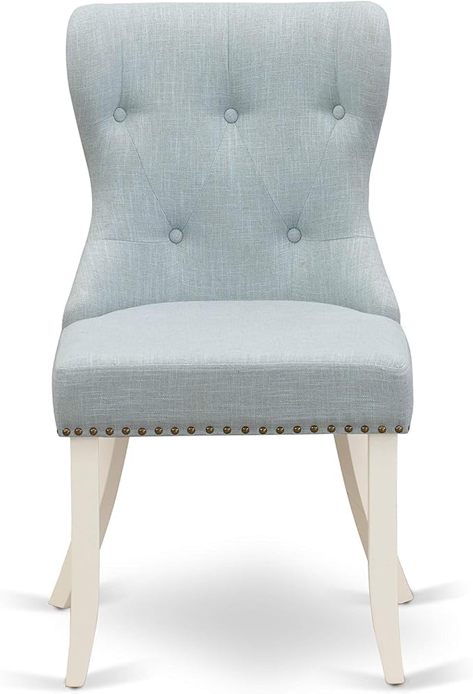 East West Furniture OXSI3-LWH-15 3 Piece Dining Room Furniture Set Contains a Square Dining Table and 2 Baby Blue Linen Fabric Upholstered Parson Chairs, 36x36 Inch, Linen White