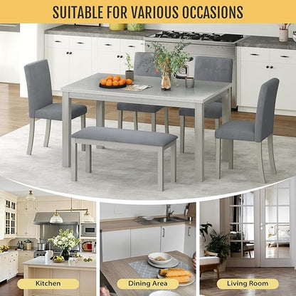 6-Piece Solid Wood Dining Table Set, Including 1 Dining Table, 4 Upholstered Chairs and 1 Bench, Wooden Dining Table Set with Crystal Decoration for Kitchen, Dining Room, Silver Grey