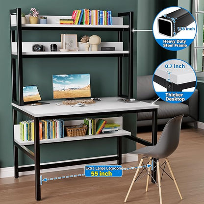Aquzee Computer Desk, Easy Assembly Gaming Table with Hutch and Shelves, 4 Tiers Desk with Large Wood Desktop, Metal Legs, Ideal for Storage Study Work Writing Homework, White, 55Wx65Hx23.6D Inches