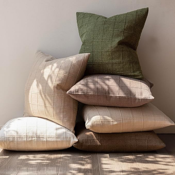 Foindtower Set of 2 Decorative Linen Check Throw Pillow Covers Neutral Farmhouse Vintage Cushion Covers Modern Boho Home Decor for Sofa Chair Couch Bedroom Living Room Outdoor,16×16 Inch,Olive Green