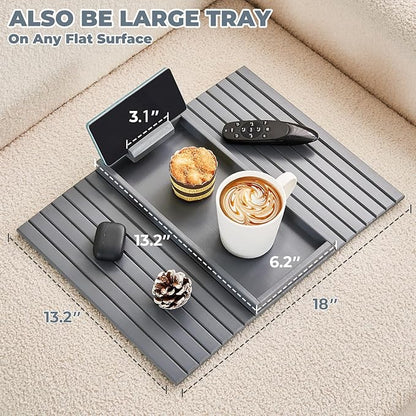 Bamboo Sofa Arm Tray, Anti Falling Couch Arm Tray Armrest Table with 360° Rotating Phone Holder, Foldable and Portable Sofa Armrest Trays Cup Holder for Drink,Cups, Phone, Snacks, Remote