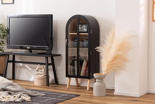 PaletteLife Arched Figurine-Case 4 Tier Collection Shelf, Oak Wood Grain with Glass Door and 2 Movable Glass Shelves, No Mirror, Black, PT-621BK