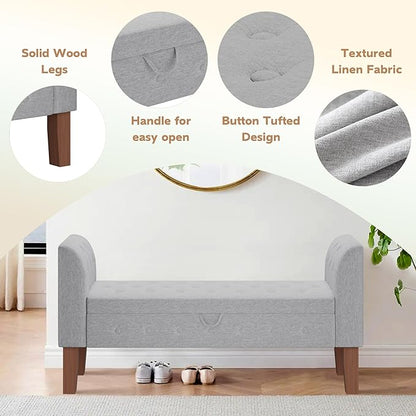 Awonde Armed Storage Bench for Bedroom Entryway Living Room Upholstered Tufted Ottoman Bench Gray