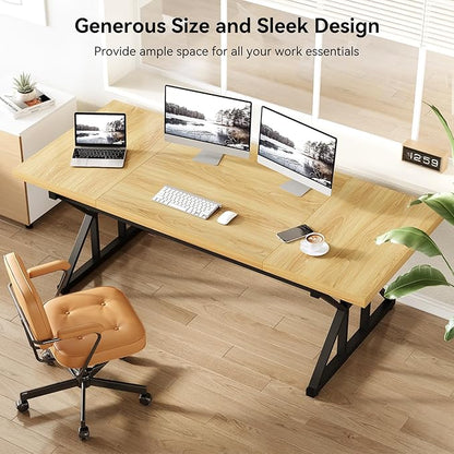 LITTLE TREE 70.8-Inch Large Executive Desk, Modern Computer Office Desk, Wooden Writing Desk Study Table for Home Office, Light Walnut-Black