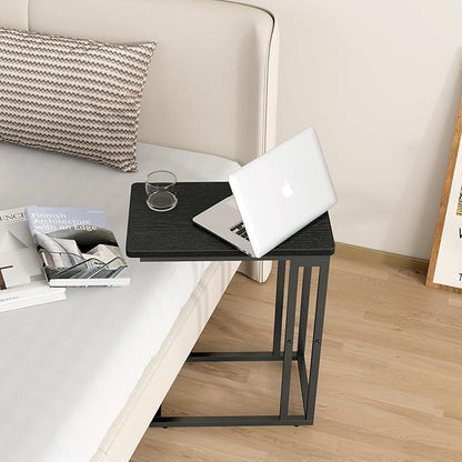 Yusong C Shaped End Table - Slide Under Sofa Couch Bed, Small Table for Small Spaces, Skinny Overbed, Coffee Drink Snack Table for Living Room, Black Oak