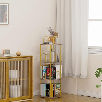 3 Tier Rotating Bookshelf, 360° Spinning Bookshelf Tower, Round Narrow Space Saving for Books and Display, Revolving Bookcase Corner Tall Book Shelf for Small Spaces, Bedroom, Living Room, Gold+Brown