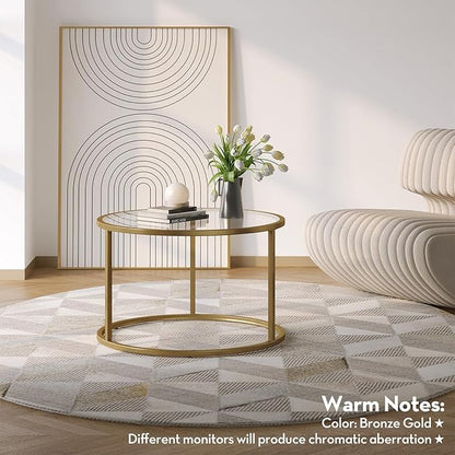 SAYGOER Small Glass Coffee Table Round Gold Coffee Table for Small Space Modern Simple Center Table with Gold Frame for Living Room Home Office, Easy Assembly