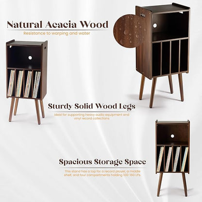 Wooden LP Record Player Stand, 3-Tier Turntable Stand Cabinet Holds up to 100 Albums, Record Storage Holder and Organizer Table, Mid-Century Modern Record Player Holder (Rich Walnut, 3-Tier)