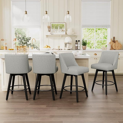 Vipbear Swivel Counter Height Bar Stools Set of 2,26.8" H Counter Stools with Back, Mid Century Modern Bar Stools for Kitchen Island,Linen Fabric,Wooden Base, Light Gray