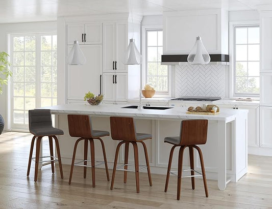Armen Living Vienna 26" Swivel Counter Stool in Walnut Wood Finish with Gray Faux Leather - Set of 4