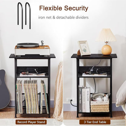 AMHANCIBLE Record Player Stand with Charging Station, Large Turntable Stand with Storage Cabinet, 3 Tier End Table Hold Up to 100 Albums, Record Stand for Vinyl, Living Room, Black, HETCD012BK-1