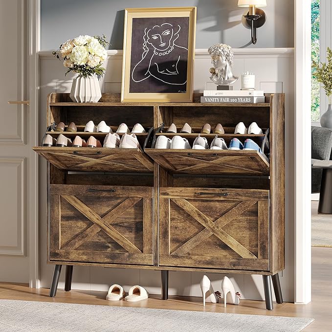 Maupvit Large Shoe Storage Cabinet with 4 Flip Drawers, Narrow Shoe Cabinet for Entryway with Wooden Legs, Freestanding Hidden Shoe Rack Organizer ＆ Metal Hinges, Rustic Brown