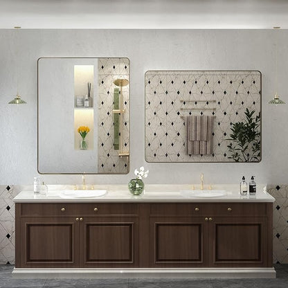 26x36 Inch Bronze Framed Mirror, Brushed Bronze Metal Bathroom Vanity Mirror for Wall, Modern Rectangle Mirror, Rounded Corner, Anti-Rust (Horizontal/Vertical)