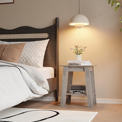 End Table with Double Storage Shelves, Small Space Side Table for Farmhouse Bedroom, Studio Apartment, Entryway, Grey