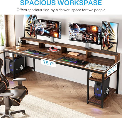 Tribesigns Two Person Desk with Monitor Stand, 78.74" Long Double Computer Office Desk with Storage Shelves, Large Gaming Study Writing Table Workstation for Home Office (Rustic Brown)