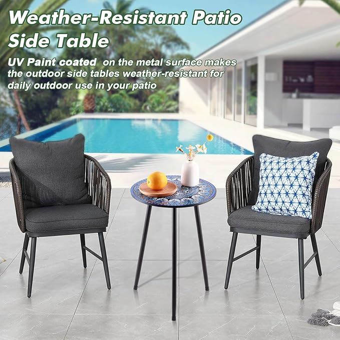2 Packs Metal Mosaic Round Side Table 13.4" Small Outdoor Patio Round Accent Coffee Tables Indoor Corner Stand for Small Spaces Weather-Resistant for Balcony Plant Stand