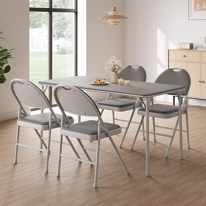 GarveeHome 4 Pack Folding Chairs with PU Leather Padded Cushion and Back, Metal Foldable Chair for Indoor Outdoor, Commercial Stackable Guest Chairs for Camping, Dining Room, Office, Party, Grey