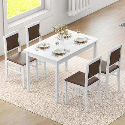 Giantex 5-Piece Dining Table Set for 4 - Breakfast Nook Table Set with Kitchen Table, 4 Upholstered Chairs, Wood Legs, Space-Saving Dinette Set, Kitchen Table Chairs Set of 4 (White+Brown)