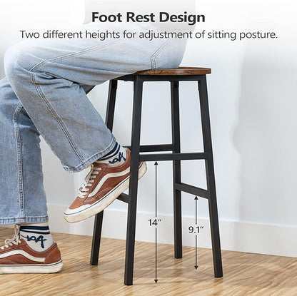 Bar Stools, Set of 2 Round Bar Chairs with Footrest, 24.4 Inch Kitchen Breakfast Bar Stools, Industrial Bar Stools, Easy Assembly, for Dining Room, Kitchen, Rustic Brown BAHR0201Z