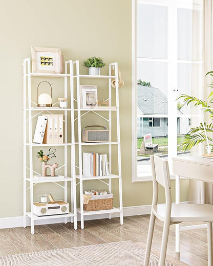 Ladder Shelf, Bookshelf Bookcase, Freestanding Corner Storage Shelve with 2 Hooks for Home Office, Living Room, Kitchen, Bedroom, Industrial, 5-Tier White BC19213W