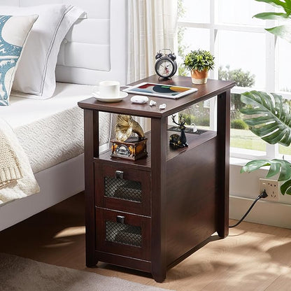 Farmhouse XXL End Table with Charging Station, Narrow Side Table with USB Ports and Outlets, Nightstand with 2 Drawers Storage, Bedside Tables for Living Room, Bedroom, Rustic Cherry