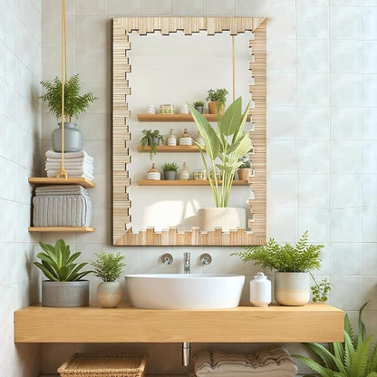 Boho Wall Mirror with Wood Frame, 36"x24" Faux Rattan Decorative Vanity Mirror for Bathroom, Living Room, Bedroom, Entryway(Rectangle)