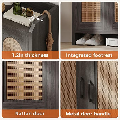 Shoe Cabinet Storage for Entryway, Natural Rattan Shoes Cupboard, Wooden Shoe Rack with Doors and Shelves, Farmhouse Boho Wood Shoe Organizer Cabinet for Hallway Black