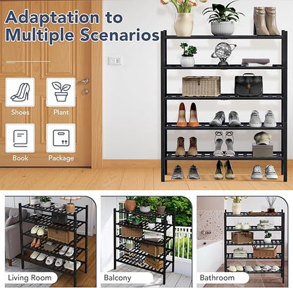 Haddockway 5 Tier Bamboo Shoe Rack Storage Organizer, Multifunctional Free Standing Stackable Shoe Shelf with Grid Panel for Closet,Hallway,Entryway,Small Space 27"x11"x32"(Black, 5 Tier)